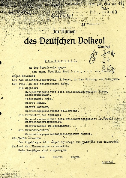 Das Todesurteil für Carl Lampert vom 8.9.1944 (erste Seite). © Archiv Stiftung Sächsische Gedenkstätten / Dokumentations- und Informationszentrum (DIZ) Torgau 